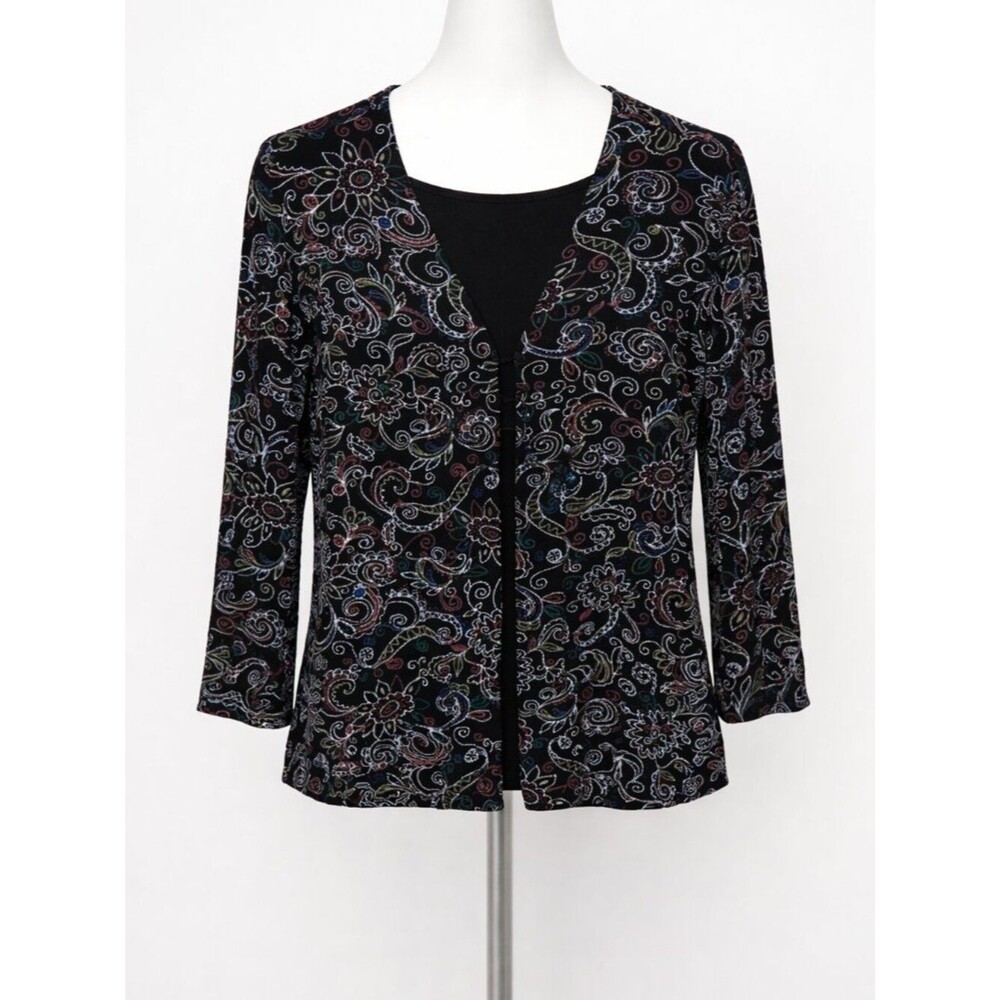 Coldwater Creek Black Embroidered Jacket Small 3/4 Bell Sleeve EUC